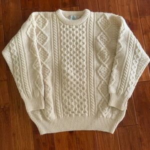BLARNEY WOOLEN MILLS Ivory Fisherman Sweater Size L 100% Wool Cable-Knit Ireland